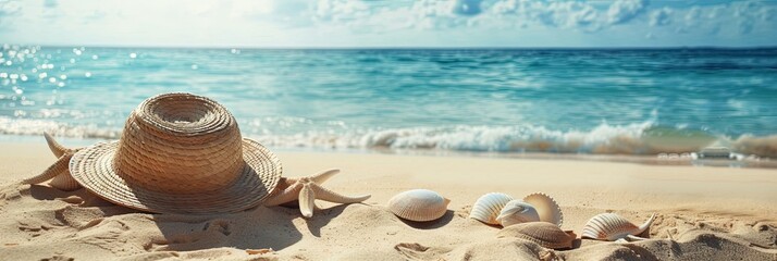 Wall Mural - summer vacation, beach scene with blue ocean waves on the sandy shore during high tide