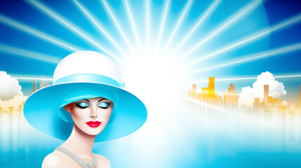 Wall Mural - Illustration of a stylized glamorous woman in a blue hat standing against the background of the city skyline in the effect of diverging sun rays.