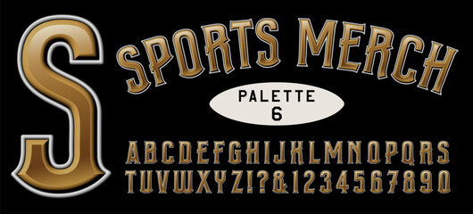 A metallic gold and white alphabet with 3d effects, ideal for sports merchandising and apparel