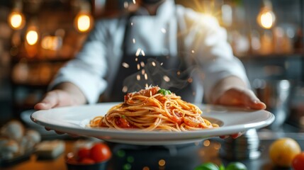 Wall Mural - Chef serving spaghetti  dish in a restaurant setting.	
