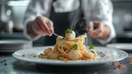 Chef serving spaghetti scallop dish in a restaurant setting. 