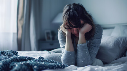 Sticker - Young woman in gray clothes is sitting curled up on bed at home. Upset brunette girl is suffering, crying. Depression because of loneliness, stress, problems. Psychological disorders concept.