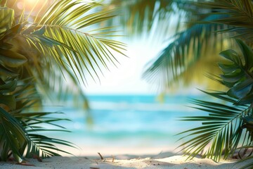 Wall Mural - Green blurred background of palm leaves