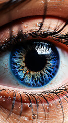 Wall Mural - A close up of a person's eye with a blue iris and a yellowish tint.