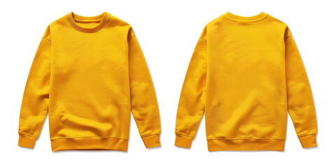 Wall Mural -  yellow sweatshirt shown from the front and back, isolated on a white background. The sweatshirt has a simple design with long sleeves and ribbed cuffs and hem