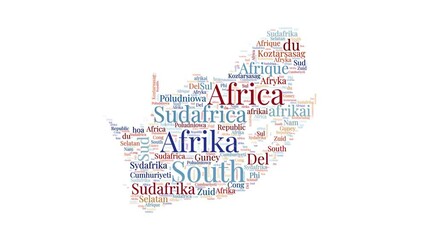 Wall Mural - South Africa shape words animation. South Africa boundary filled with country names animated. Country opening, intro, presentation video.