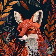 Colorful painting depicting a fox in a forest with many trees and plants. The image is in the style of watercolor drawing. Illustration for cover, interior design, decor, packaging, invitations, print