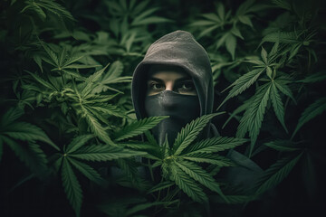 Wall Mural - A man is wearing a mask and a hoodie in a field of marijuana plants. The image has a dark and mysterious mood, with the man appearing to be hiding or trying to blend in with the plants