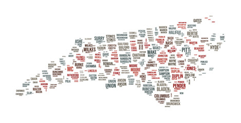 north carolina word cloud. state shape with county division. north carolina typography style image. 