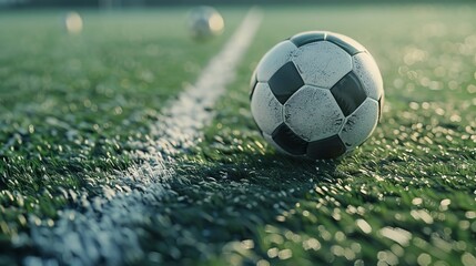 Wall Mural - A soccer ball lies on the field, ready for the match to begin. The camera zooms in on the ball, capturing its details and anticipation for the game.