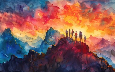 Wall Mural - Inspirational, magical watercolor painting, group of individuals standing on a mountain peak at sunrise