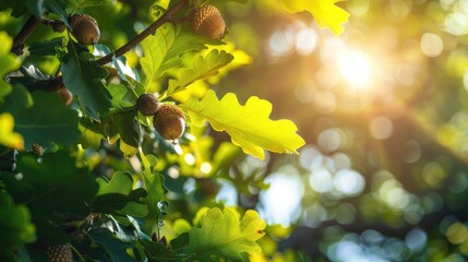 Poster - Oak tree in summer with green leaves acorns and sunlight Blurry foliage backdrop Close up shot