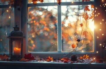 Autumn Leaves and Lantern Candles on Windowsill