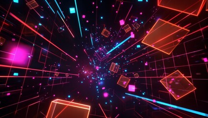 A dark background with neon grid lines and floating geometric shapes, creating an immersive virtual space for a VR video game interface.