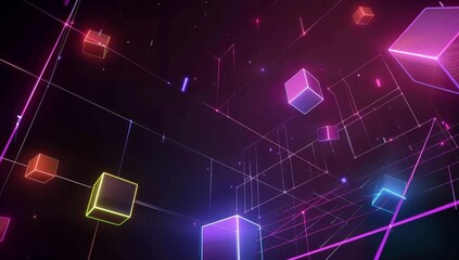 A dark background with neon grid lines and floating geometric shapes, creating an immersive virtual space for a VR video game interface.