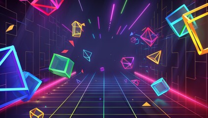 A dark background with neon grid lines and floating geometric shapes, creating an immersive virtual space for a VR video game interface.