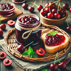 Poster - On a wicker stand there is a jar of cherry jam and a slice of bread with jam. There are fresh cherries lying around. Home canning. Food . Photo of food