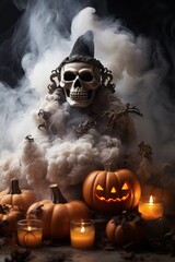 Wall Mural - halloween pumpkins and a skull with smoke coming out of it