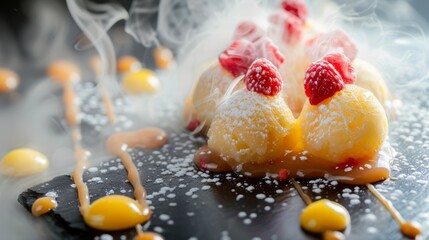 Sticker - A close up of a dessert with raspberries and sugar on top, AI