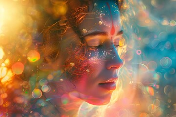 Wall Mural - Close-up beautiful woman with her eyes closed, her face adorned with shimmering cosmic patterns
