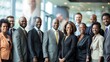 © MD Media - A diverse group of businesspeople stand together, smiling and looking confident in an office setting. business professionals stands confidently with arms crossed, showcasing collaboration and success