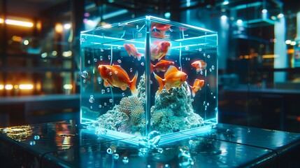A glass box with goldfish in it.