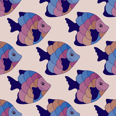 Wall Mural - Vibrant coral reef fish endless textile print design. Oceanic animals pattern. Summer fashion