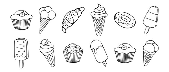 Wall Mural - Line art set of desserts, cupcakes, ice cream and croissants. Illustration, sketch, vector