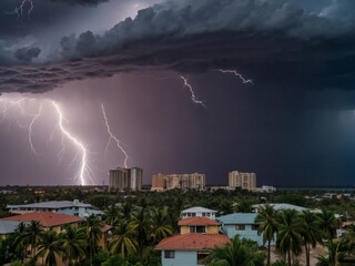 hurricane, lightning, twister in city with palms. urban disasters from climate change effects.