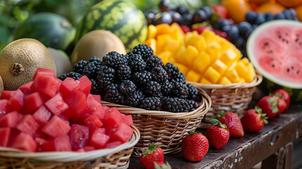 Wall Mural - Fresh fruit display with blackberries, watermelon, and mango in woven baskets outdoors, highlighting healthy and colorful summer produce. Concept of natural, fresh, and organic food.