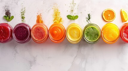 Wall Mural - A row of glass jars filled with different colored liquids, such as magenta, on a table, featuring a stylish fashion accessory with plant petal motifs AIG50