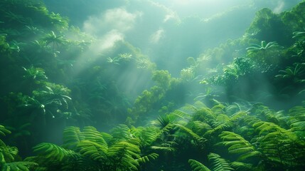  Green jungle with tall trees ferns misty atmosphere, foliage overgrown sunlight