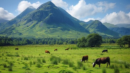 Wall Mural - Cattle Grazing on Lush Green Hillside