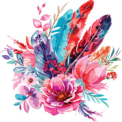 Wall Mural - beautiful bouquet of feathers and flowers in pink, red, and turquoise colors on a white background. The illustration 