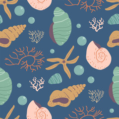 Wall Mural - Shells , starfish and algae seamless pattern. Barnacles and underwater life endless background. Vector hand drawn flat illustration.