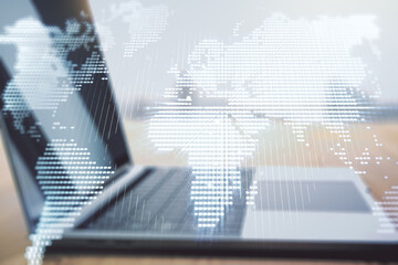 Wall Mural - double exposure of abstract digital world map on computer background, big data and blockchain concep