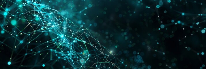 Minimalist tech background featuring teal web lines and glowing particles on a black canvas, offering free space