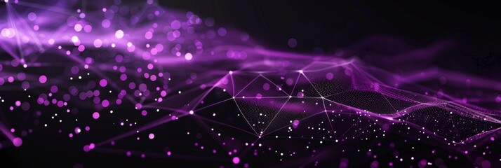 Wall Mural - Minimalist tech background with neon purple web lines and floating particles on a black canvas, providing free space