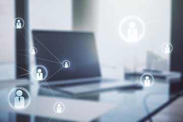 Wall Mural - double exposure of social network icons concept with computer on background. networking concept