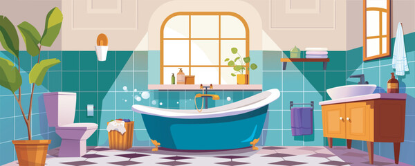 Poster - Bathroom interior background banner for game design. Home room with bathtub and faucet, toilet, washbasin, plants, towels, hygiene equipment, windows at wall, tile floor. Vector cartoon illustration