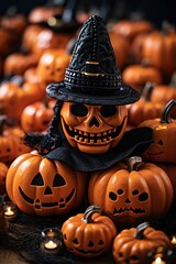 Wall Mural - halloween pumpkins with witch hats and candles