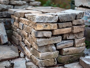 Canvas Print - Piled stone blocks at a construction site, showcasing natural textures and building materials. Suitable for industrial and renovation themes.