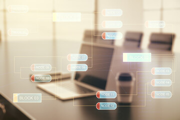 Wall Mural - double exposure of abstract programming language on laptop background, research and development conc