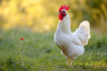 View from side body of a Leghorn chicken standing on grass, Awe-inspiring, Full body shot ::2 Side Angle View