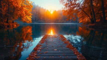 A wooden dock leads to a lake in the fall.