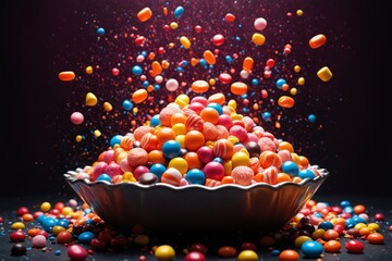 A colorful cascade of candy in a silver bowl