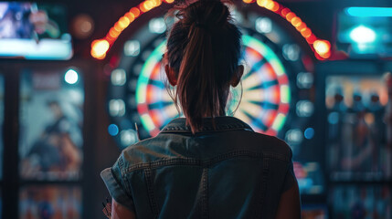 Woman Playing Darts in a Dimly Lit Arcade with a Focus on Dartboard