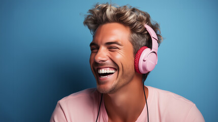 Wall Mural - A man wearing pink headphones is smiling and laughing. Concept of happiness and enjoyment