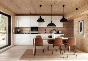 Wall Mural - Modern kitchen with white cabinets, wooden walls and a dining table 