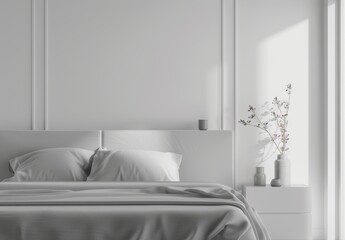 Wall Mural - Minimalist bedroom with a light grey wooden floor and white walls 